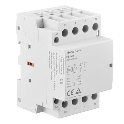 Contacteur AC Domestique Heschen 32A 4 Pôles – 2NO+2NC, Bobine 12V AC, Montage Rail DIN 35mm