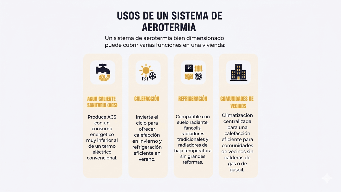 Infografía sobre los diferentes usos de un sistema de aerotermia Madrid