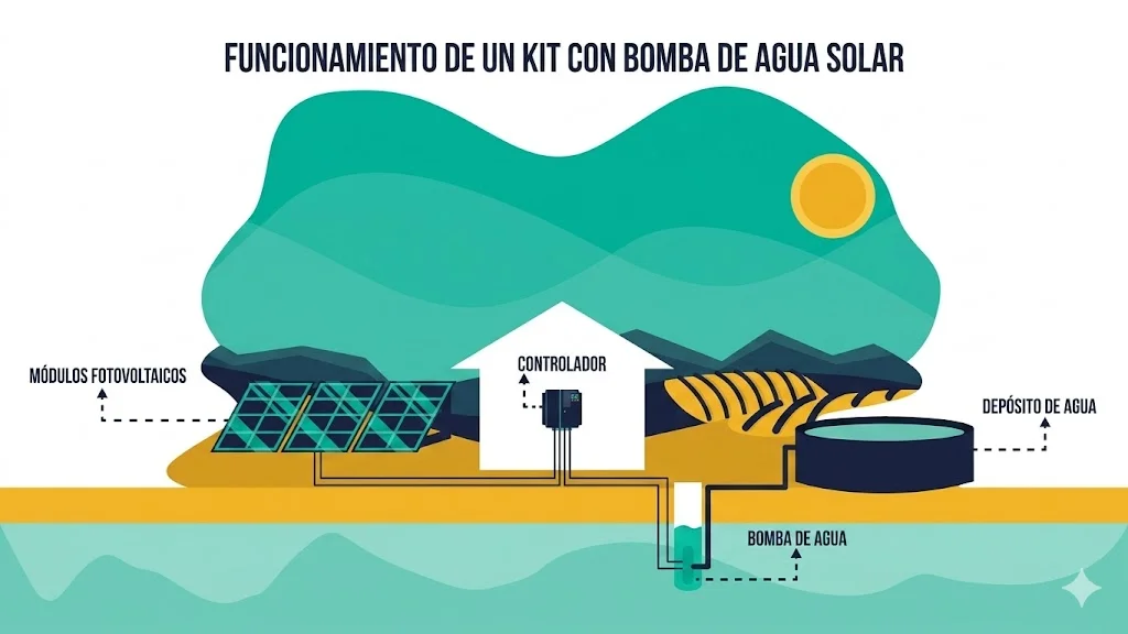 Funcionamiento de un kit con bomba de agua solar