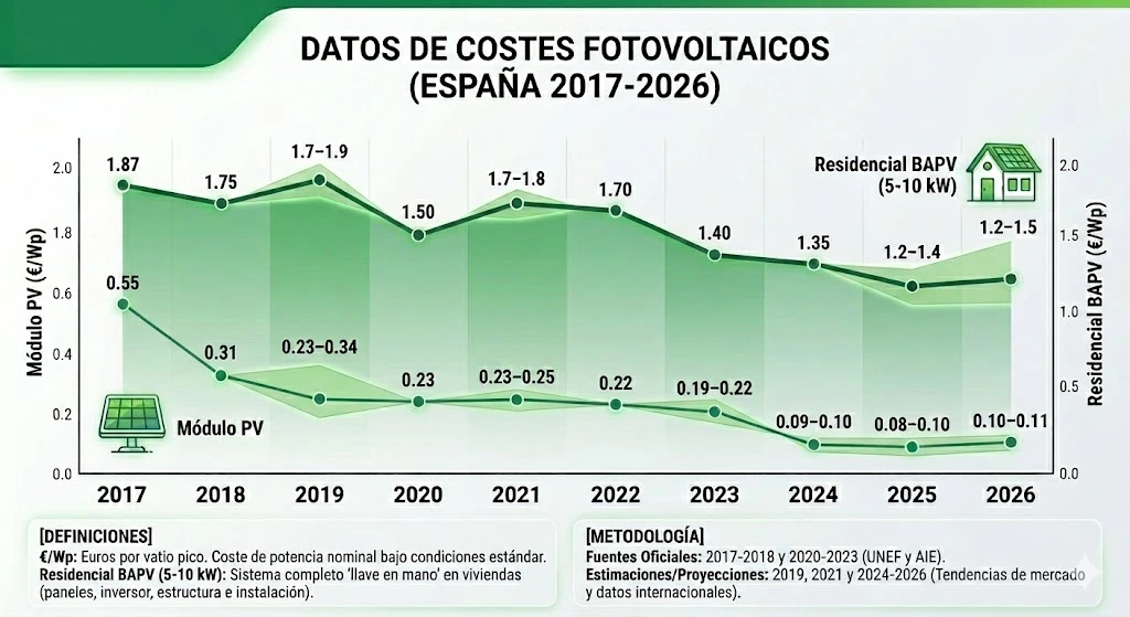 Gráfico comparativo de la evolución del precio de los paneles solares 2017-2026