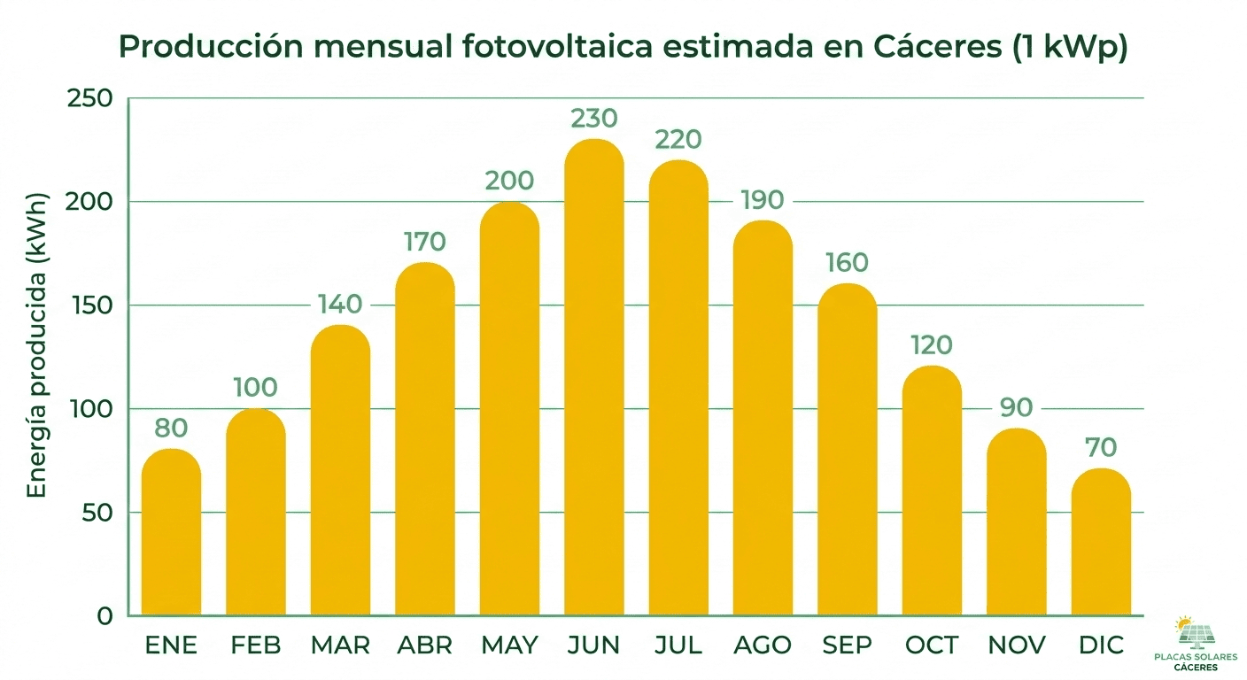 Producción mensual con placas solares Cáceres